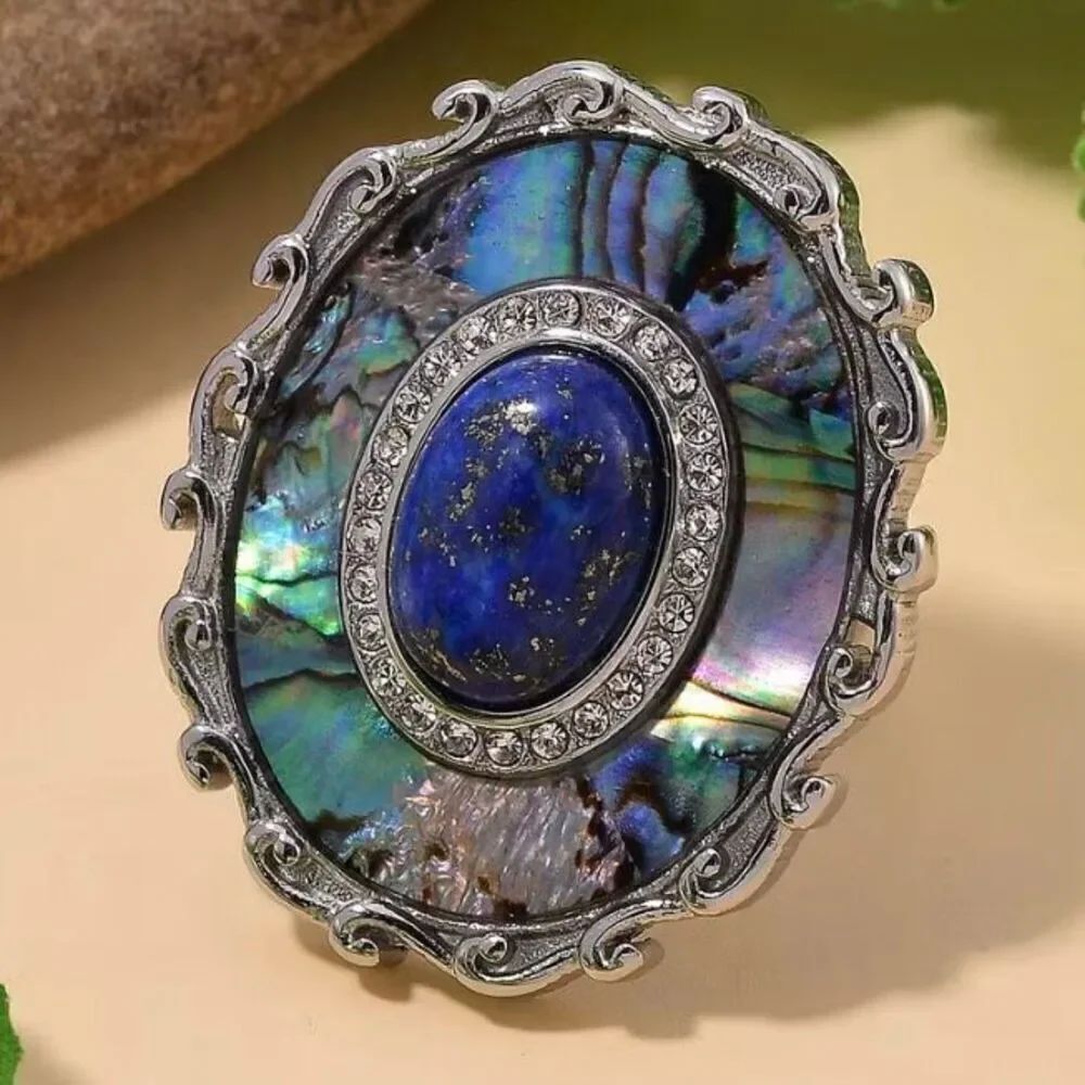 Abalone Shell Lapis Lazuli 3.00 ctw and Crystal Statement Ring Size 6 New